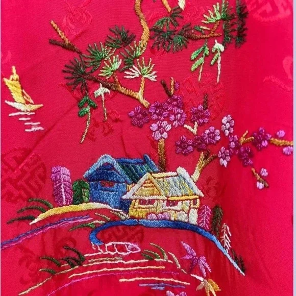 Golden Bee Womens Vintage Embroidered Floral Long Sleeve Robe Red Sz Large - Picture 7 of 11